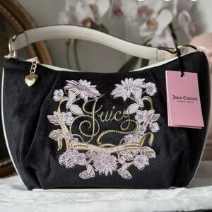 Juicy Couture Black Hobo Bag with Pink & Gold Floral Embroidery